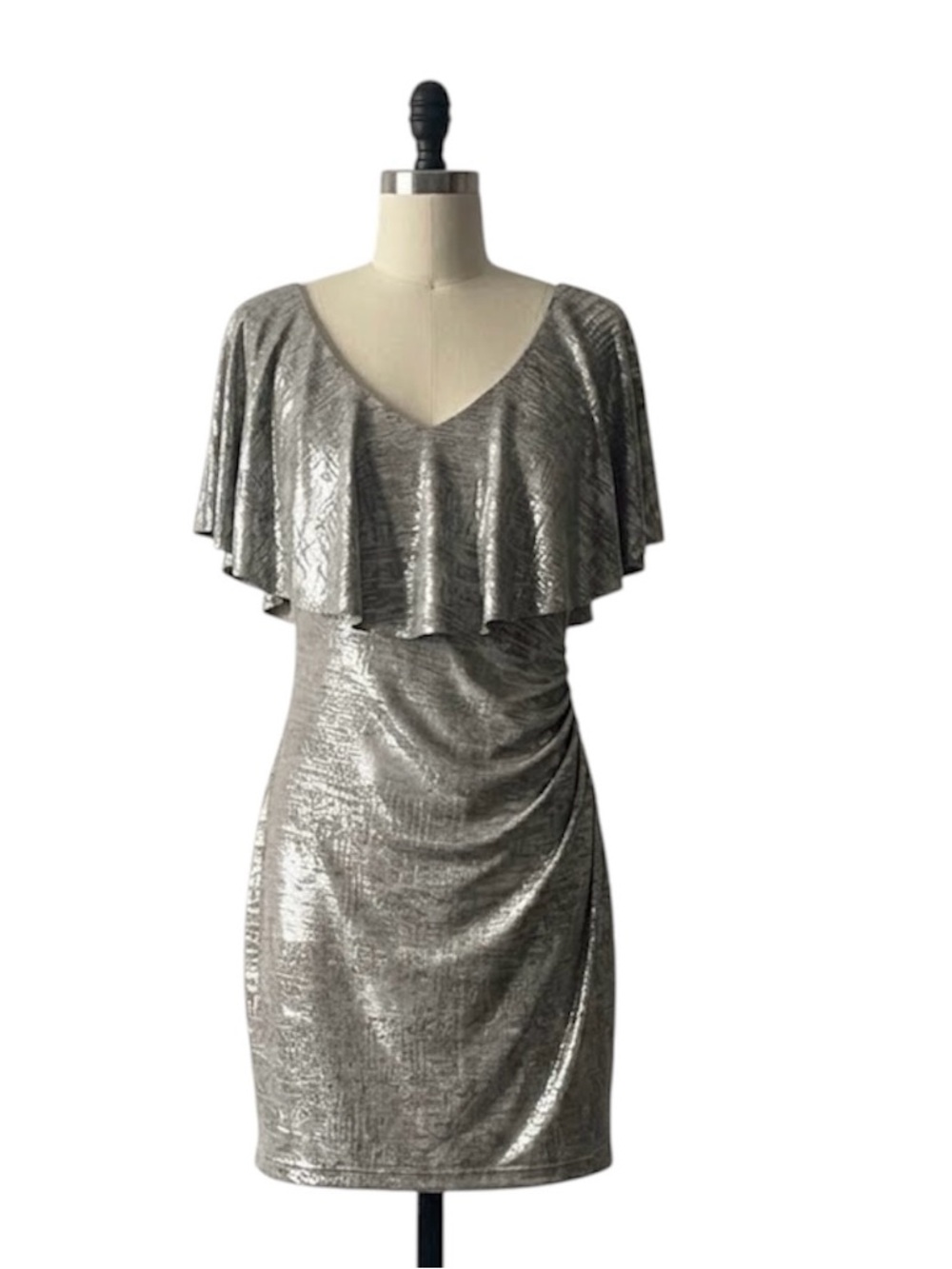 connected apparel Silver Metallic V-Neck Mini‎ Dress, Size 4P